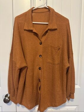 Waffle Button-Front Shirt Jacket - Rust
